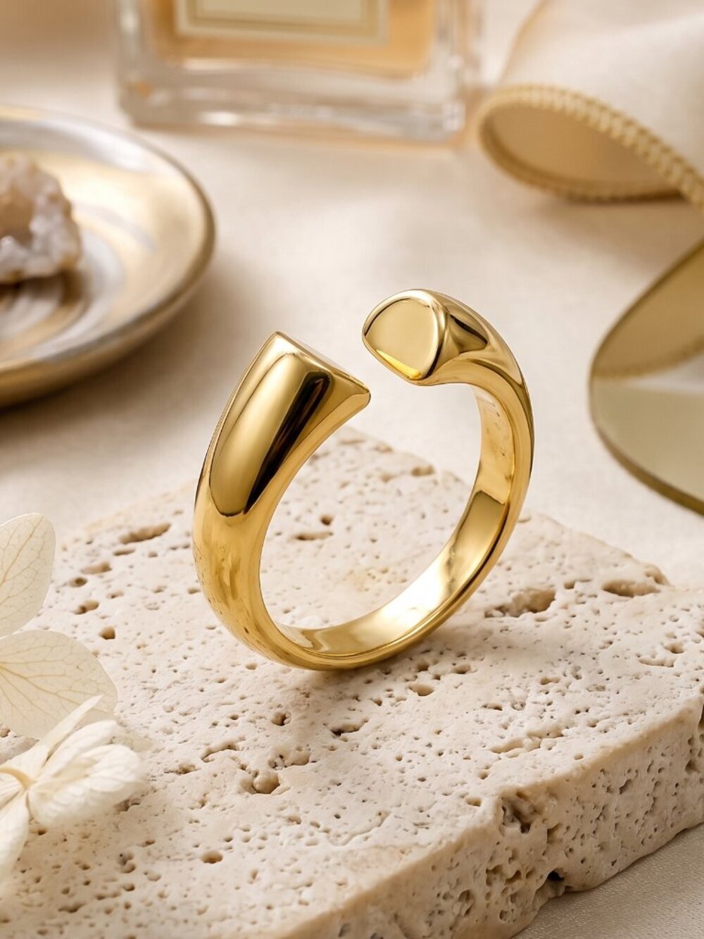 18K Gold Plated 316L Stainless Steel Dome Open Cuff Ring Adjustable Clean Girl